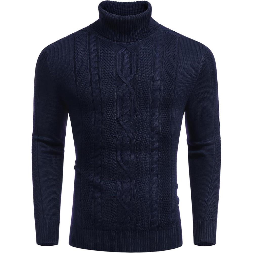 imageCOOFANDY Mens Slim Fit Turtleneck Sweaters Casual Cable Knitted Soft Pullover SweatersNavy Blue