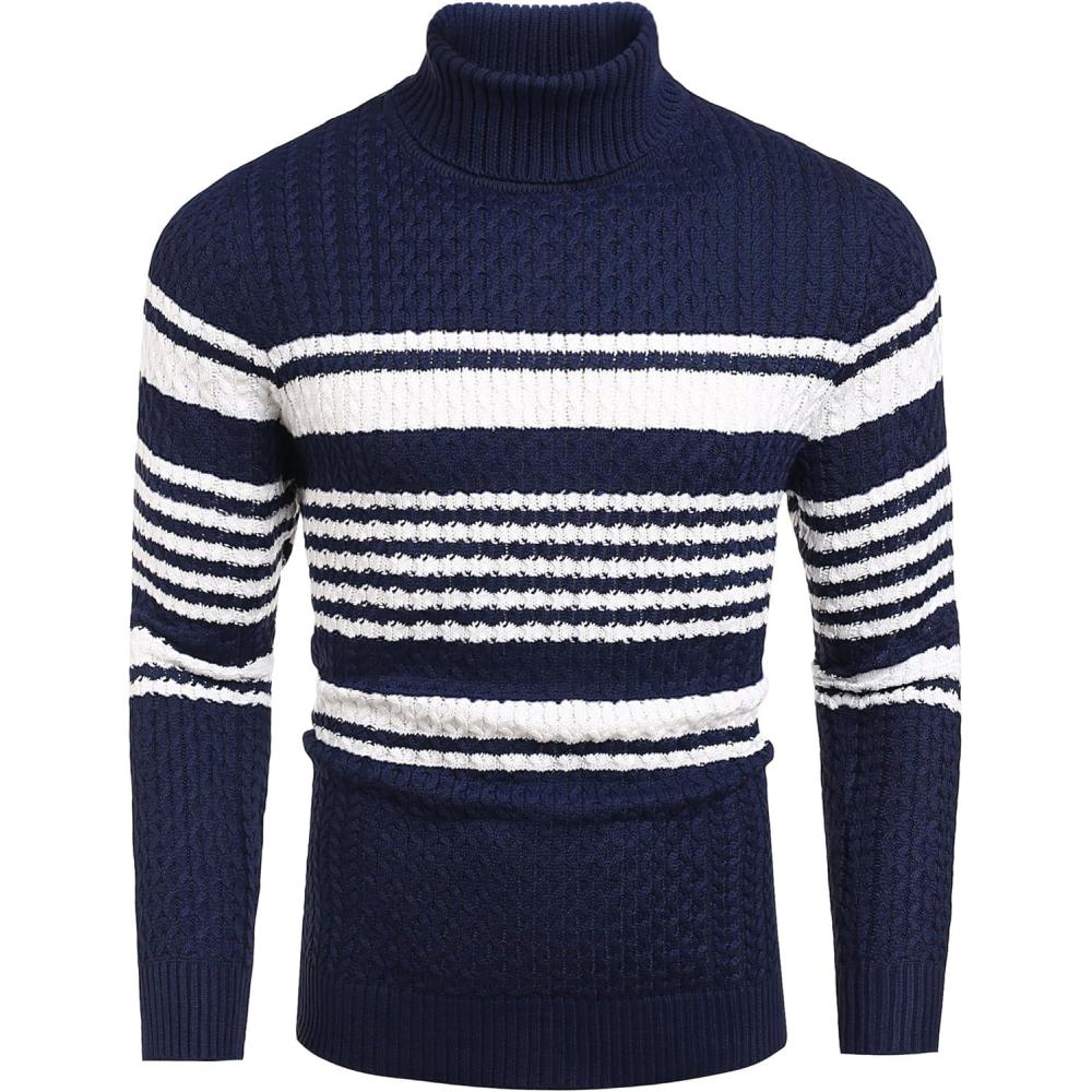 imageCOOFANDY Mens Slim Fit Turtleneck Sweaters Casual Cable Knitted Soft Pullover SweatersNavy BlueWhite Stripes