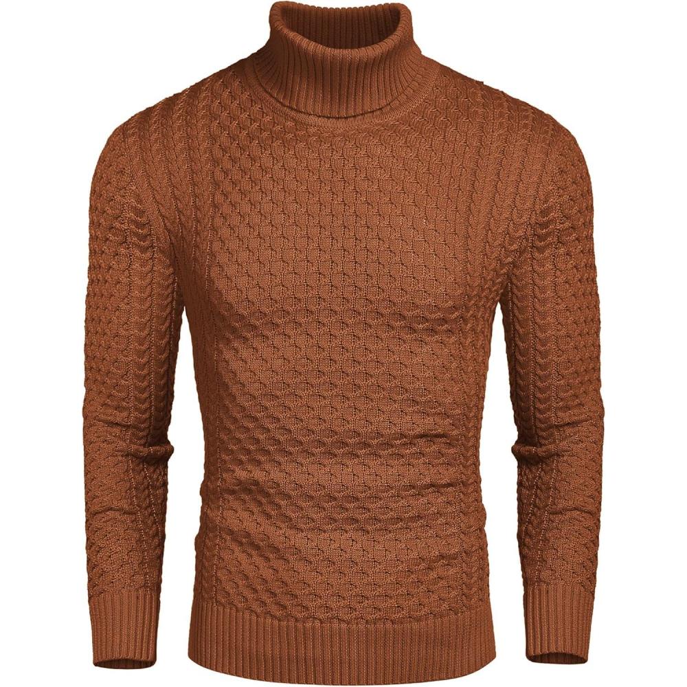 imageCOOFANDY Mens Slim Fit Turtleneck Sweaters Casual Cable Knitted Soft Pullover SweatersRed Bronze