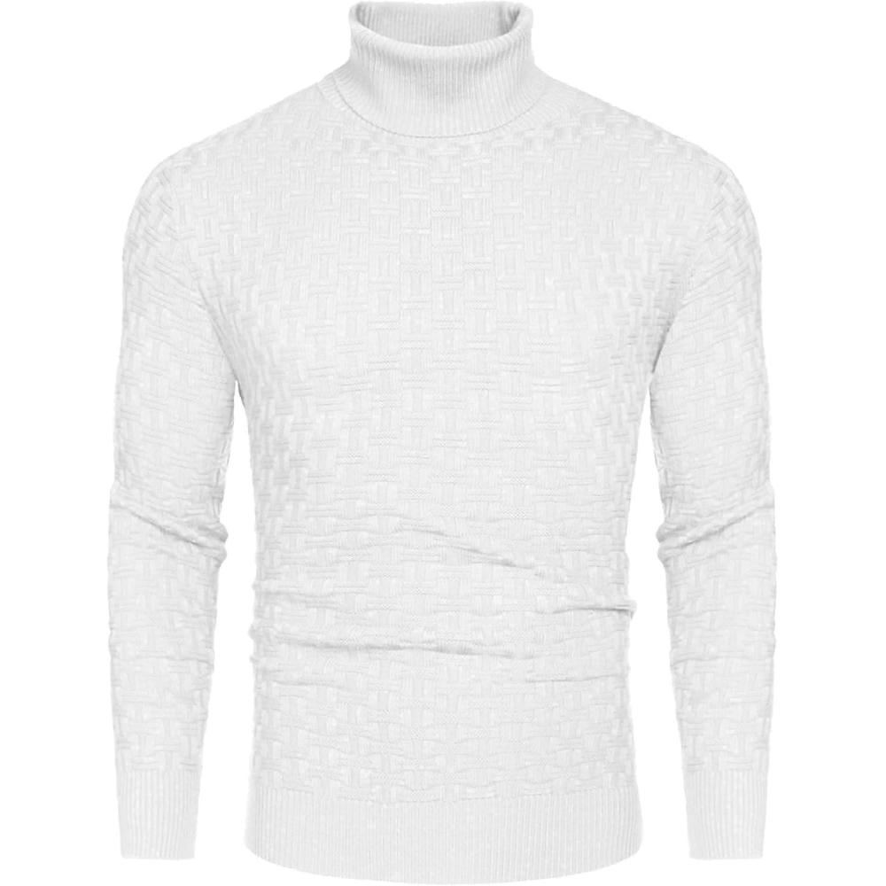 imageCOOFANDY Mens Slim Fit Turtleneck Sweaters Casual Cable Knitted Soft Pullover SweatersWhite