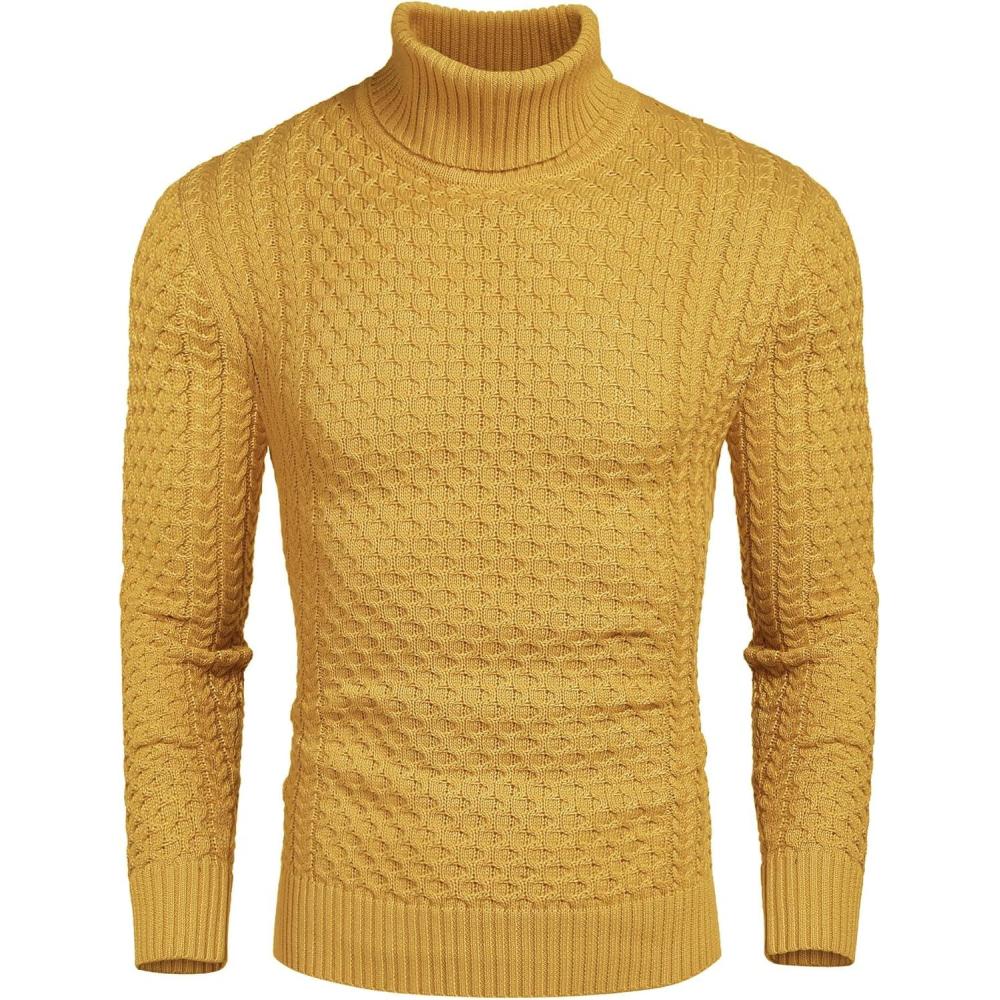 imageCOOFANDY Mens Slim Fit Turtleneck Sweaters Casual Cable Knitted Soft Pullover SweatersYellow