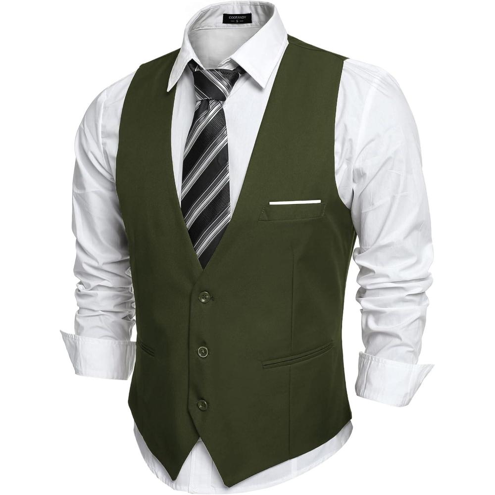 imageCOOFANDY Mens Suit Vest Slim Fit Formal Dress Waistcoat Casual Business Vests for Suit or TuxedoArmy Green
