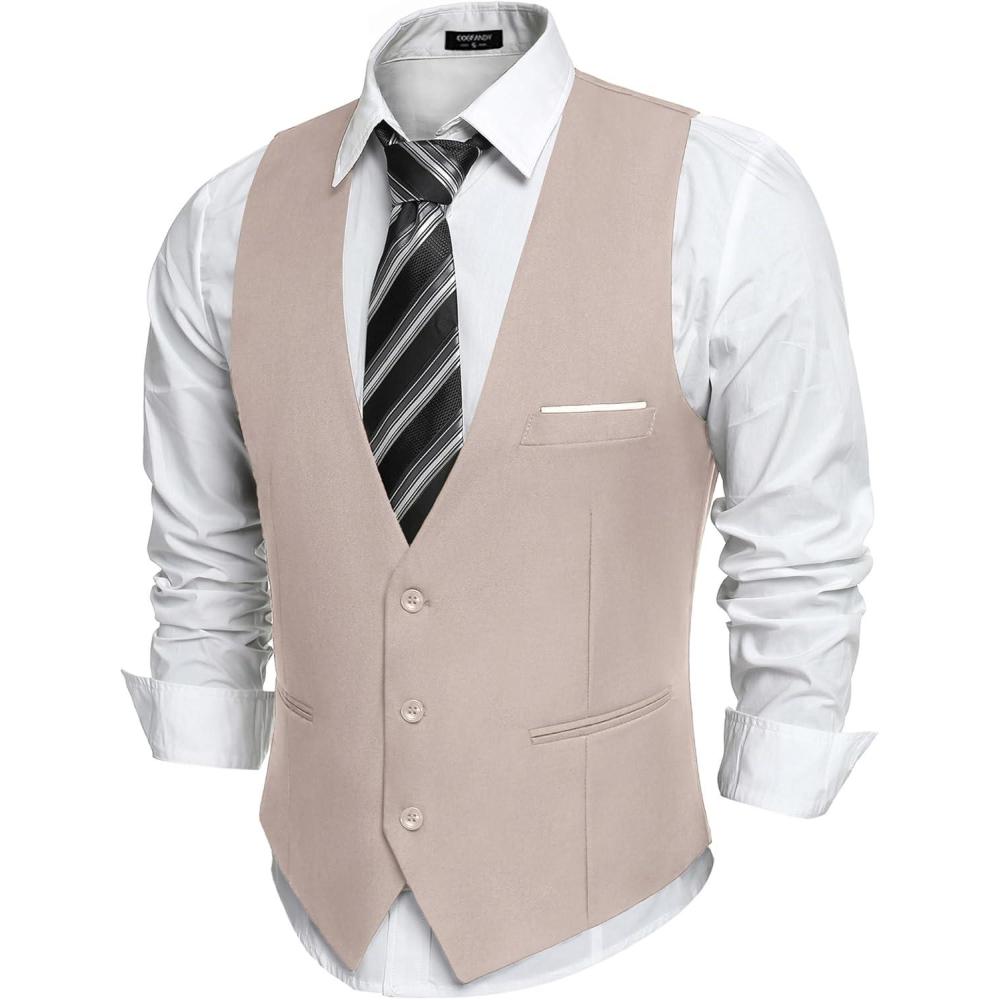 imageCOOFANDY Mens Suit Vest Slim Fit Formal Dress Waistcoat Casual Business Vests for Suit or TuxedoBeige