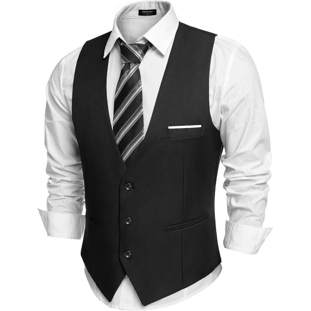 imageCOOFANDY Mens Suit Vest Slim Fit Formal Dress Waistcoat Casual Business Vests for Suit or TuxedoBlack