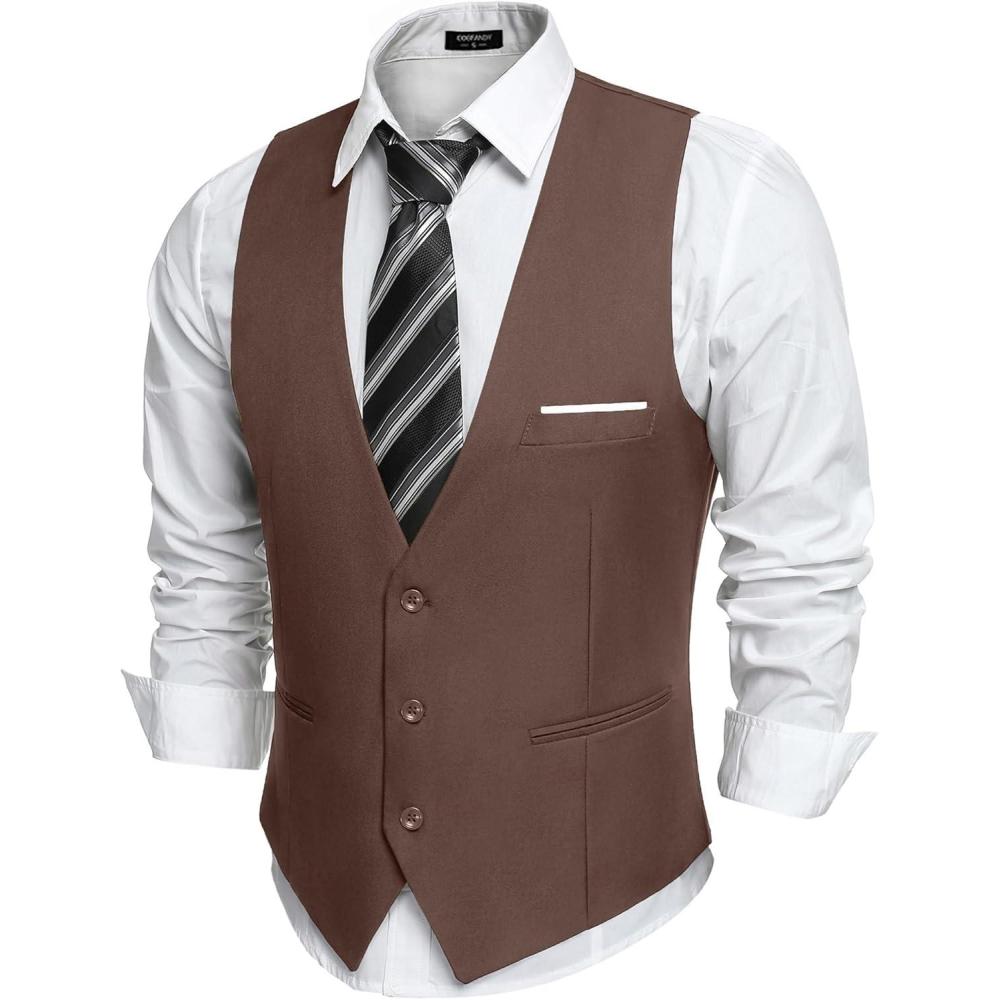 imageCOOFANDY Mens Suit Vest Slim Fit Formal Dress Waistcoat Casual Business Vests for Suit or TuxedoBrown