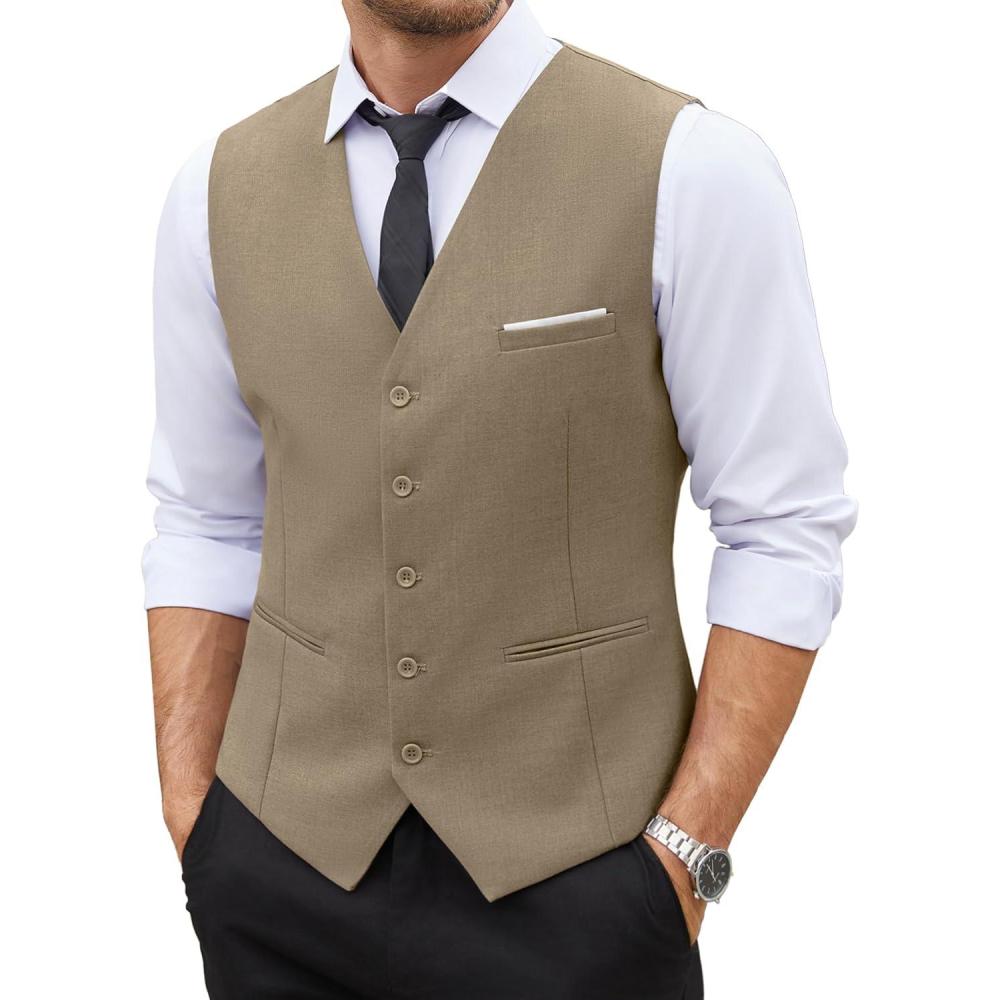 imageCOOFANDY Mens Suit Vest Slim Fit Formal Dress Waistcoat Casual Business Vests for Suit or TuxedoCamel