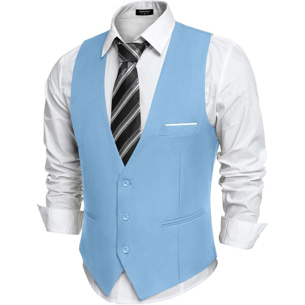 imageCOOFANDY Mens Suit Vest Slim Fit Formal Dress Waistcoat Casual Business Vests for Suit or TuxedoClear Blue