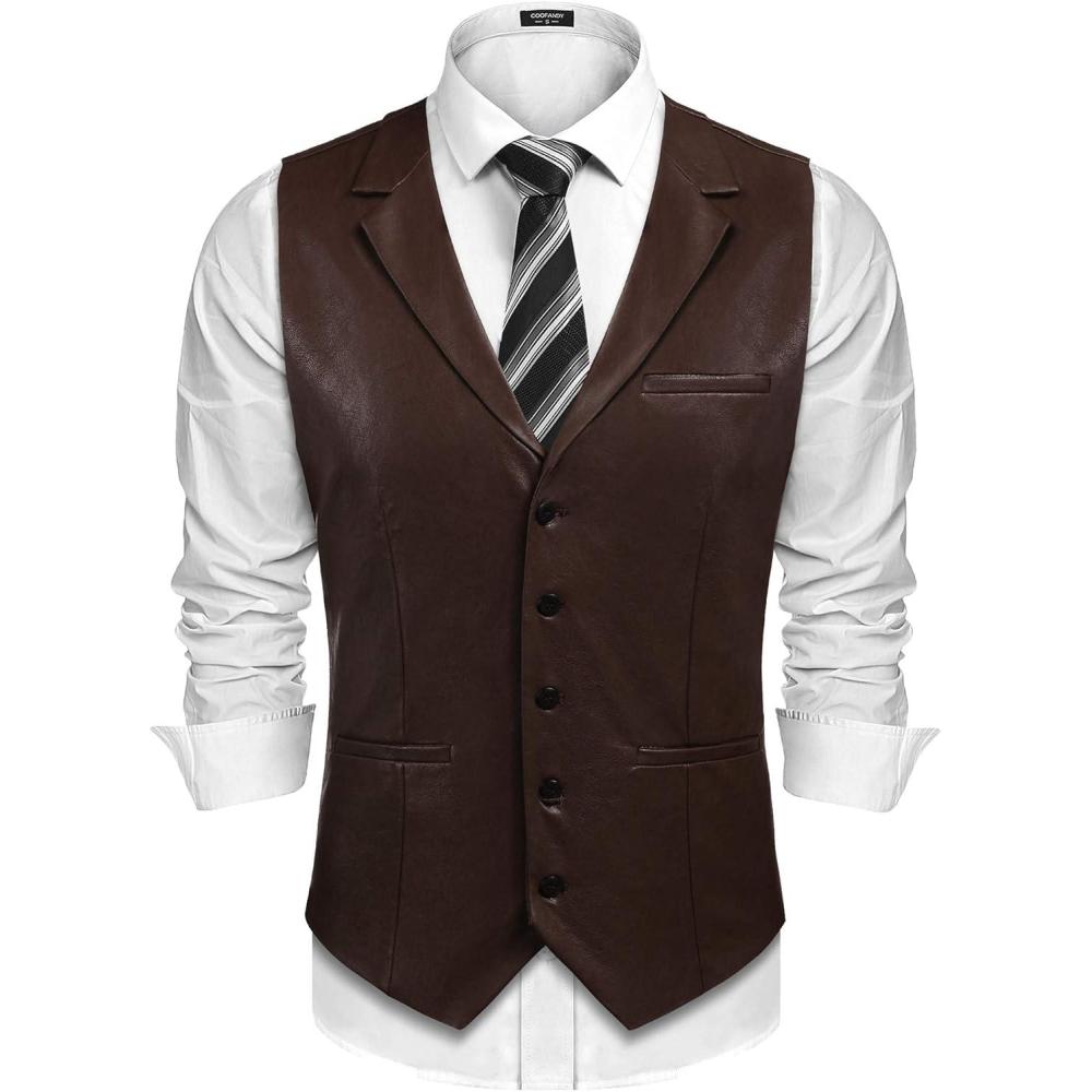 imageCOOFANDY Mens Suit Vest Slim Fit Formal Dress Waistcoat Casual Business Vests for Suit or TuxedoCoffee