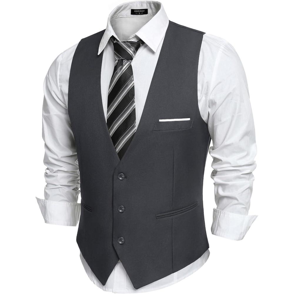 imageCOOFANDY Mens Suit Vest Slim Fit Formal Dress Waistcoat Casual Business Vests for Suit or TuxedoDark Gray
