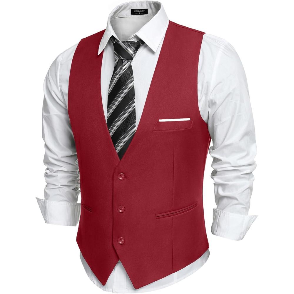 imageCOOFANDY Mens Suit Vest Slim Fit Formal Dress Waistcoat Casual Business Vests for Suit or TuxedoDark Red