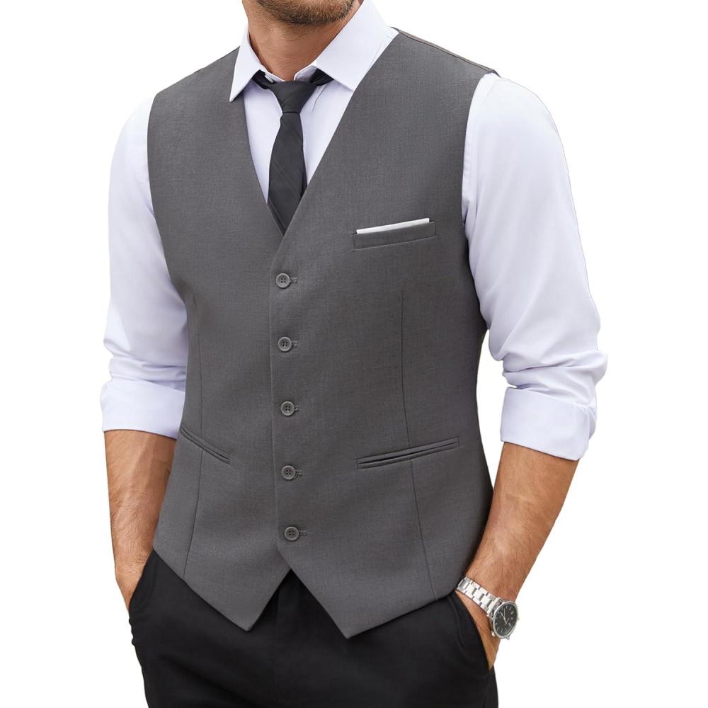 imageCOOFANDY Mens Suit Vest Slim Fit Formal Dress Waistcoat Casual Business Vests for Suit or TuxedoGray