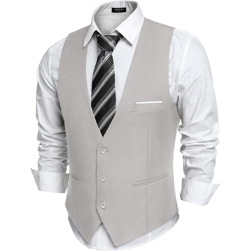 imageCOOFANDY Mens Suit Vest Slim Fit Formal Dress Waistcoat Casual Business Vests for Suit or TuxedoGrey