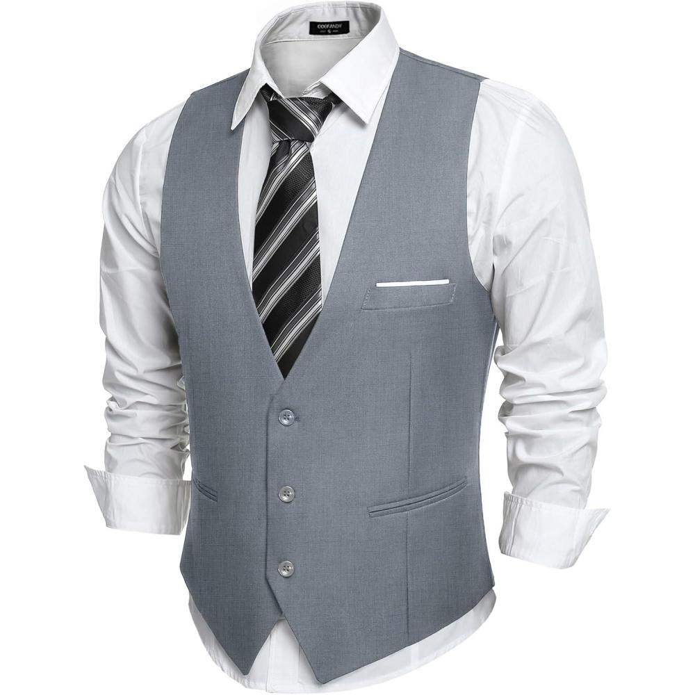 imageCOOFANDY Mens Suit Vest Slim Fit Formal Dress Waistcoat Casual Business Vests for Suit or TuxedoLight Gray