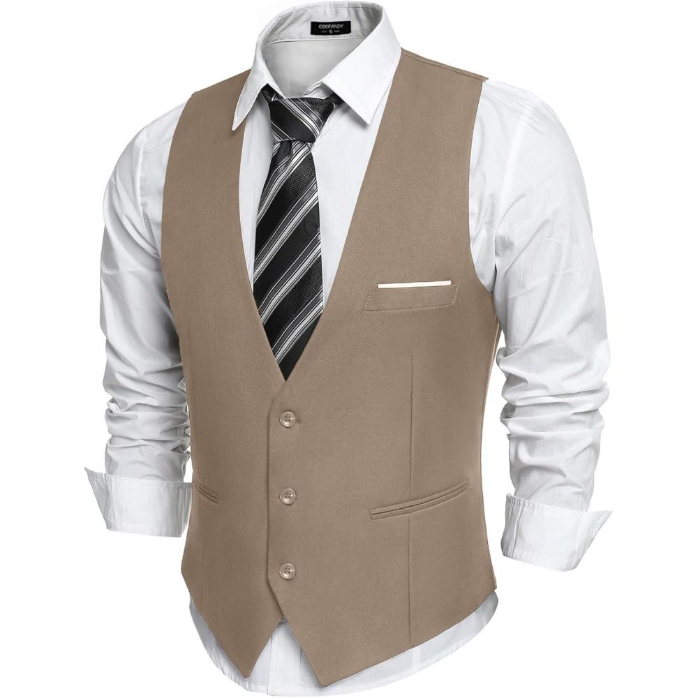 imageCOOFANDY Mens Suit Vest Slim Fit Formal Dress Waistcoat Casual Business Vests for Suit or TuxedoLight Khaki