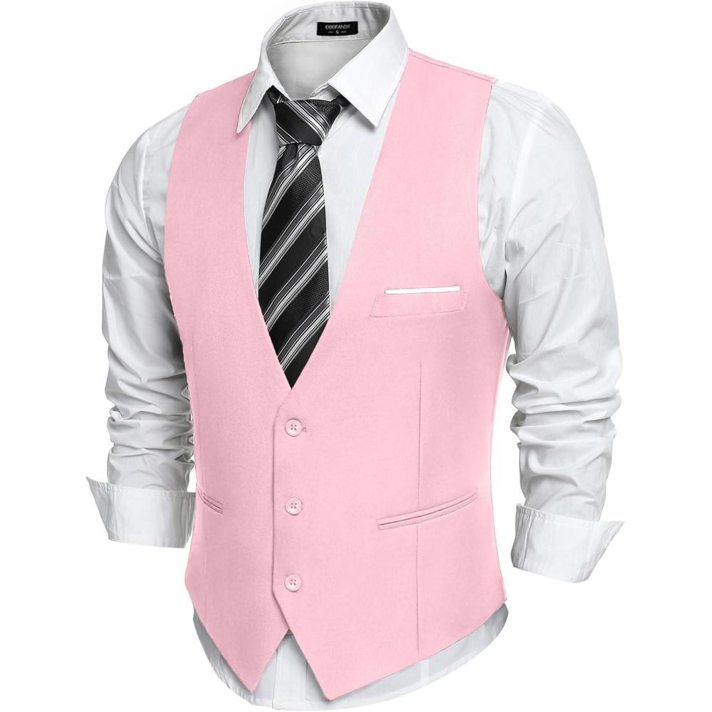 imageCOOFANDY Mens Suit Vest Slim Fit Formal Dress Waistcoat Casual Business Vests for Suit or TuxedoPink