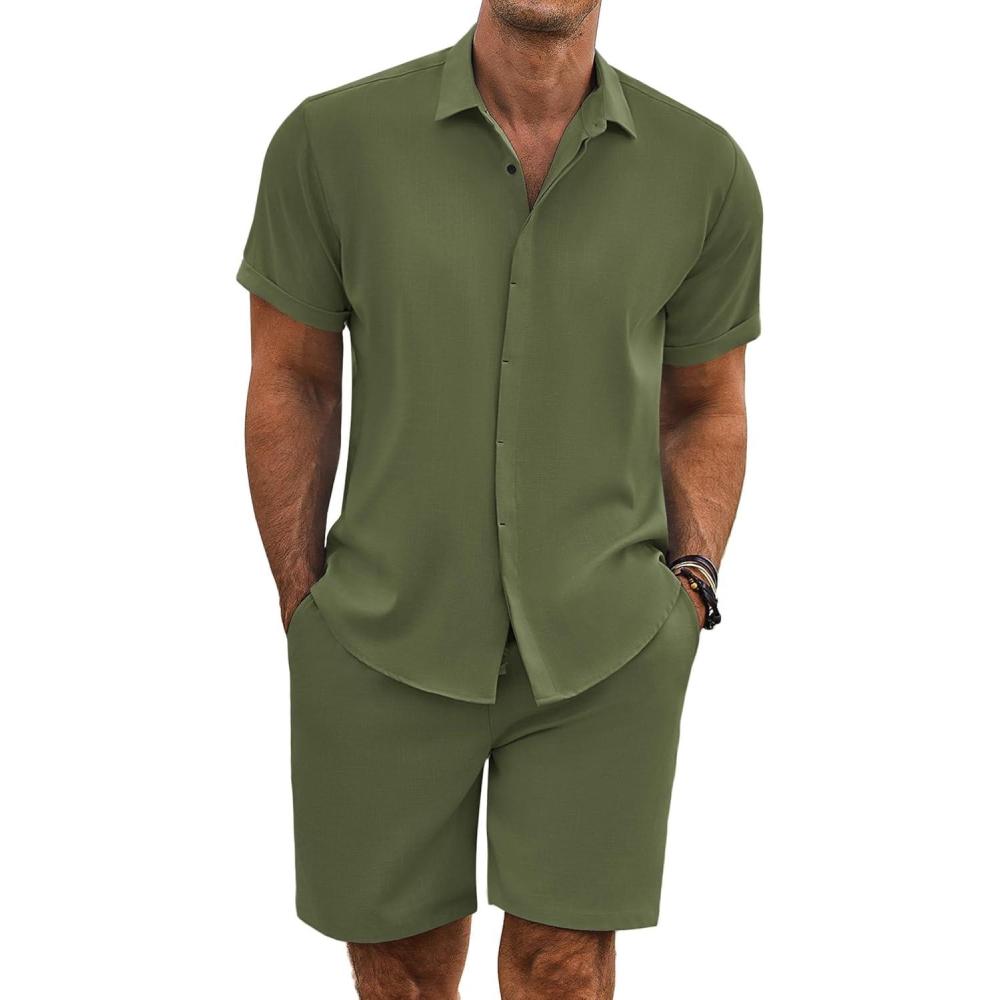 imageCOOFANDY Mens Summer Beach Outfits 2 Piece Short Sleeve Shirts and Shorts Vacation Texture Linen Sets for MenArmy Green