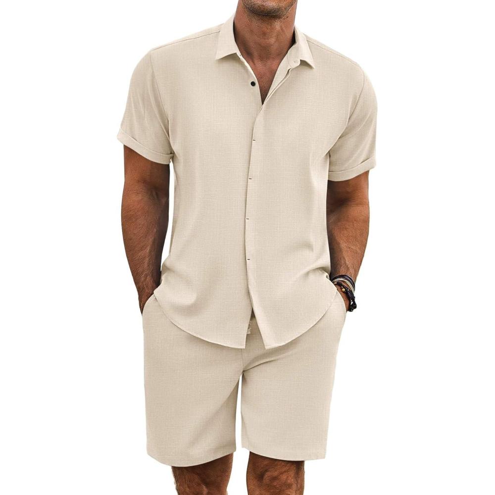 imageCOOFANDY Mens Summer Beach Outfits 2 Piece Short Sleeve Shirts and Shorts Vacation Texture Linen Sets for MenBeige