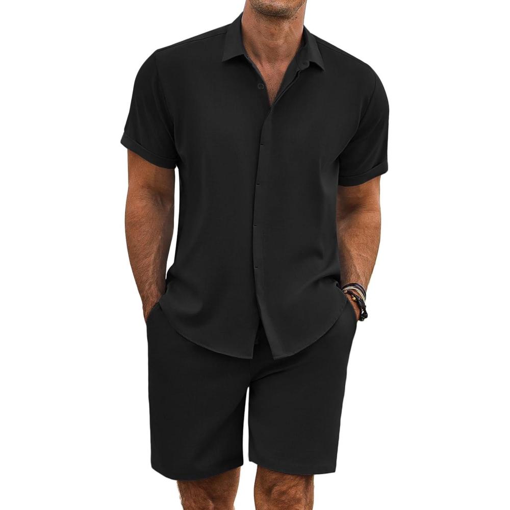 imageCOOFANDY Mens Summer Beach Outfits 2 Piece Short Sleeve Shirts and Shorts Vacation Texture Linen Sets for MenBlack