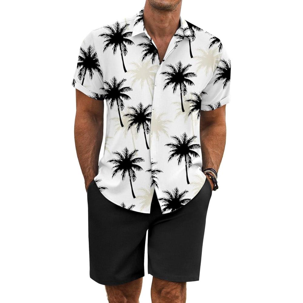 imageCOOFANDY Mens Summer Beach Outfits 2 Piece Short Sleeve Shirts and Shorts Vacation Texture Linen Sets for MenCoconut Tree White