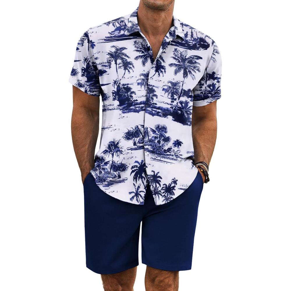 imageCOOFANDY Mens Summer Beach Outfits 2 Piece Short Sleeve Shirts and Shorts Vacation Texture Linen Sets for MenCoconut Treewhite