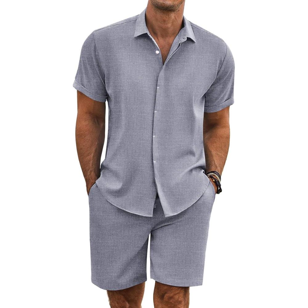 imageCOOFANDY Mens Summer Beach Outfits 2 Piece Short Sleeve Shirts and Shorts Vacation Texture Linen Sets for MenDark Blue Grey