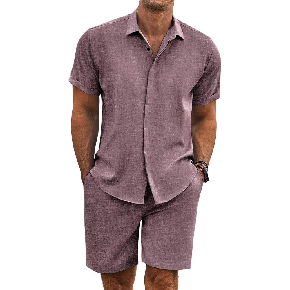 imageCOOFANDY Mens Summer Beach Outfits 2 Piece Short Sleeve Shirts and Shorts Vacation Texture Linen Sets for MenDark Red