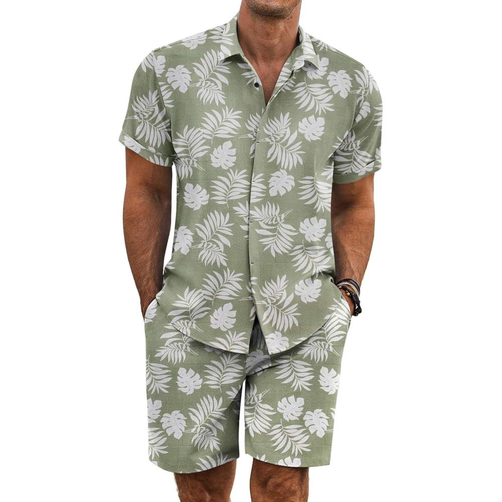 imageCOOFANDY Mens Summer Beach Outfits 2 Piece Short Sleeve Shirts and Shorts Vacation Texture Linen Sets for MenGreen  Leaf