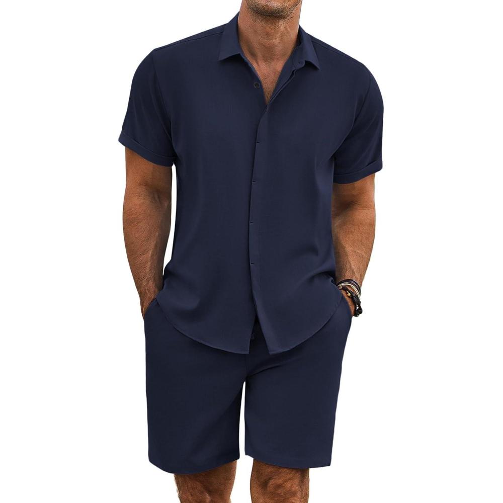 imageCOOFANDY Mens Summer Beach Outfits 2 Piece Short Sleeve Shirts and Shorts Vacation Texture Linen Sets for MenNavy Blue