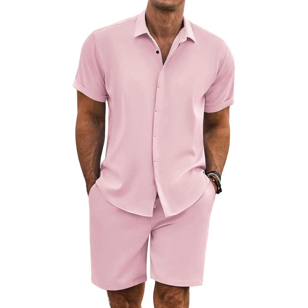 imageCOOFANDY Mens Summer Beach Outfits 2 Piece Short Sleeve Shirts and Shorts Vacation Texture Linen Sets for MenPink