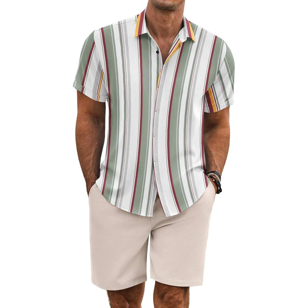 imageCOOFANDY Mens Summer Beach Outfits 2 Piece Short Sleeve Shirts and Shorts Vacation Texture Linen Sets for MenStripe