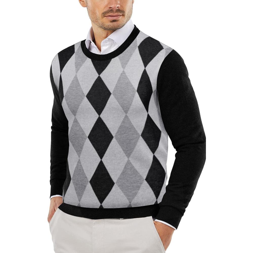 imageCOOFANDY Mens Sweater Crewneck Pullover Long Sleeve Lightweight Sweater Plain Knit Silm FitBlack Argyle