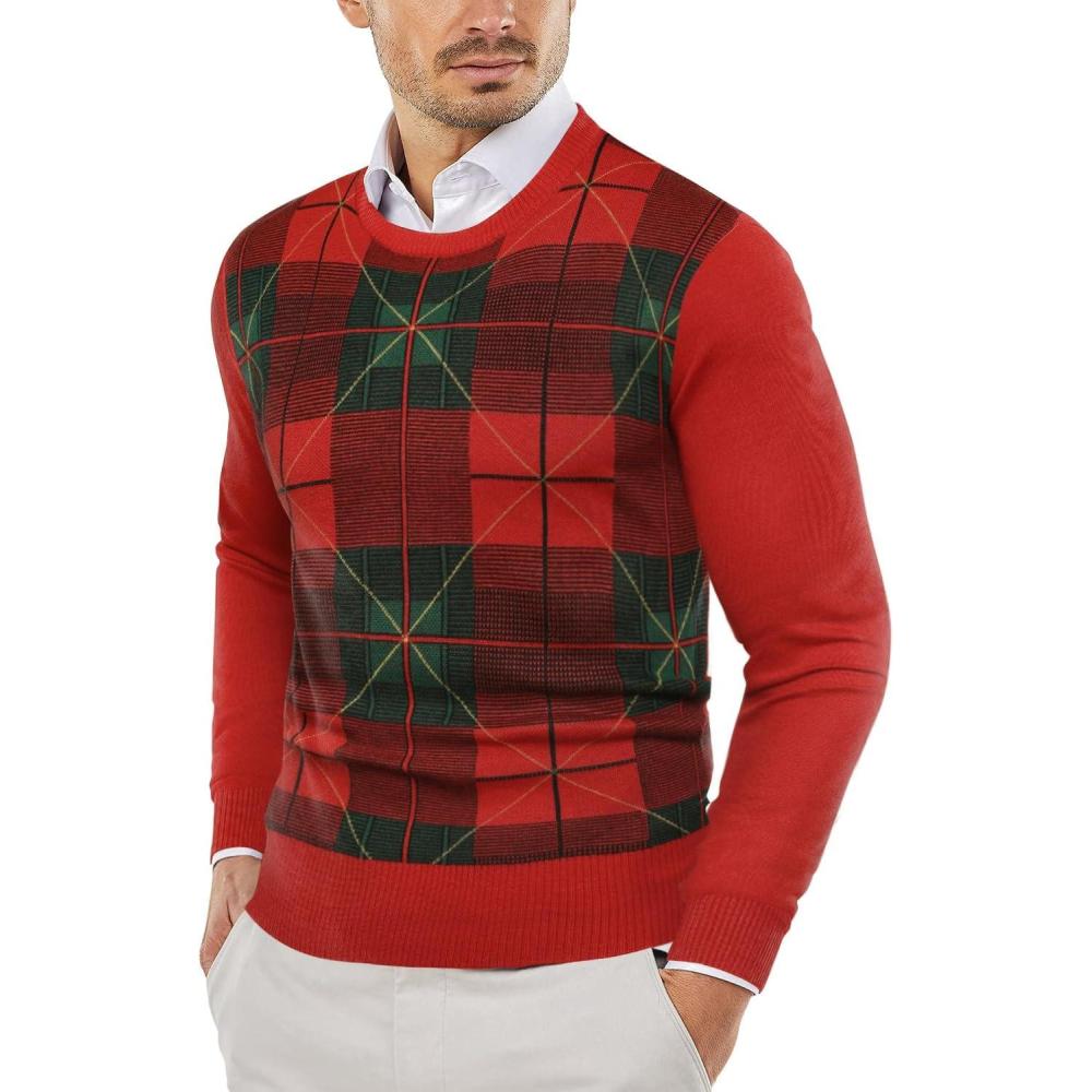 imageCOOFANDY Mens Sweater Crewneck Pullover Long Sleeve Lightweight Sweater Plain Knit Silm FitChristmas RedGreen