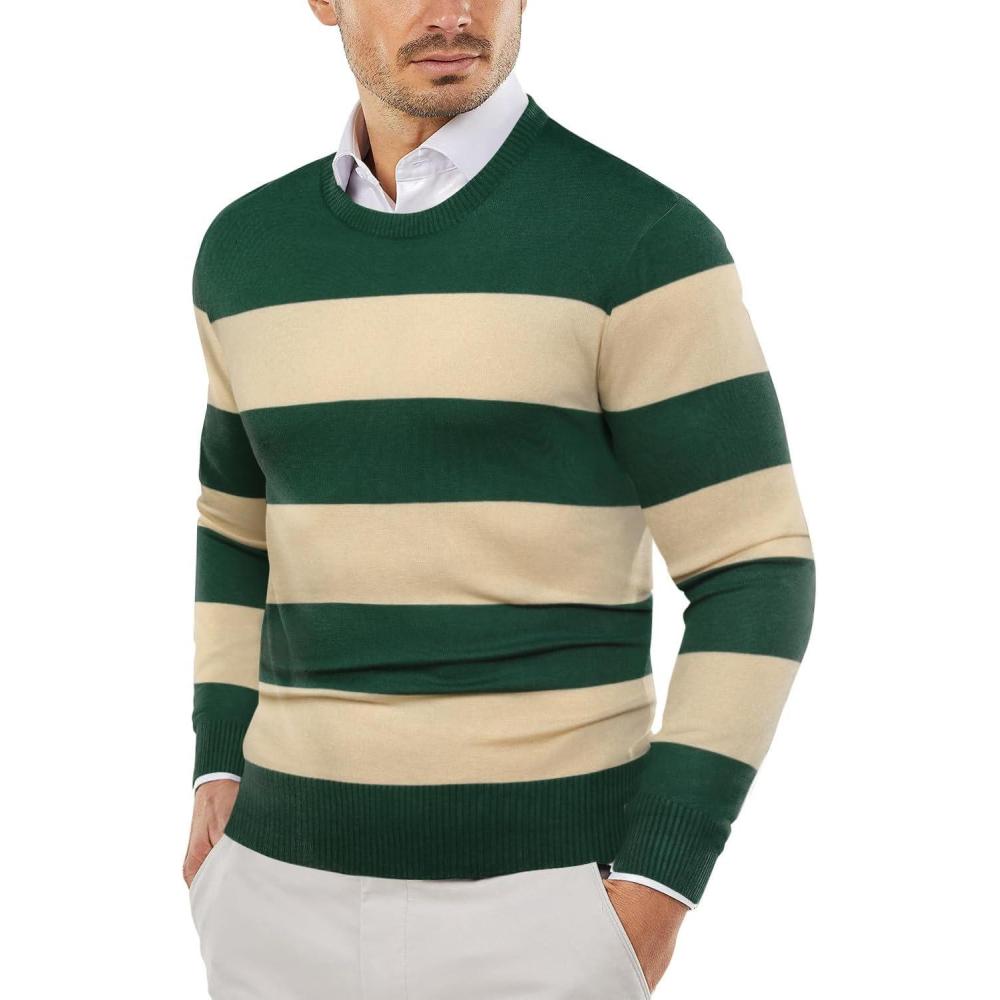 imageCOOFANDY Mens Sweater Crewneck Pullover Long Sleeve Lightweight Sweater Plain Knit Silm FitGreenApricot Stripe