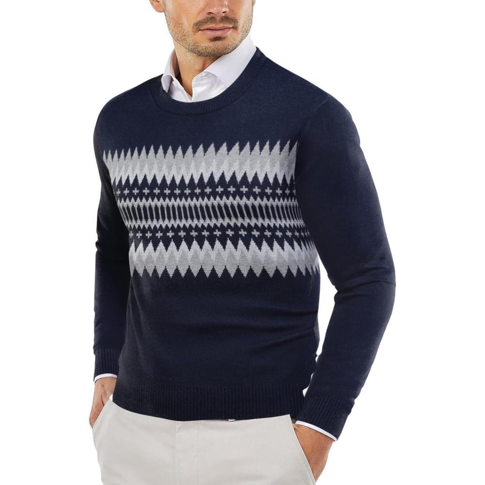 imageCOOFANDY Mens Sweater Crewneck Pullover Long Sleeve Lightweight Sweater Plain Knit Silm FitNavy BlueGrey White Jacquard