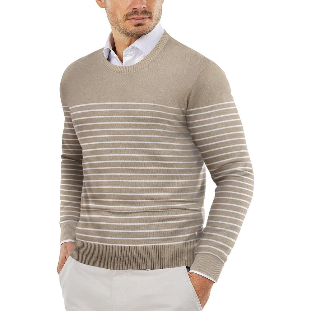 imageCOOFANDY Mens Sweater Crewneck Pullover Long Sleeve Lightweight Sweater Plain Knit Silm FitPinstripes White Khaki