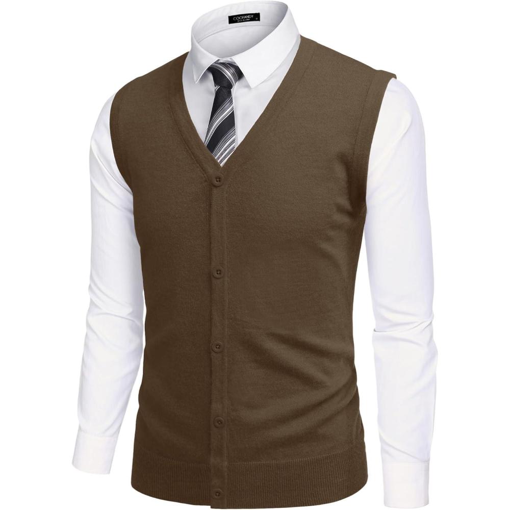 imageCOOFANDY Mens Sweater Vest V Neck Casual Sleeveless Knitted Button Cardigan VestBrown