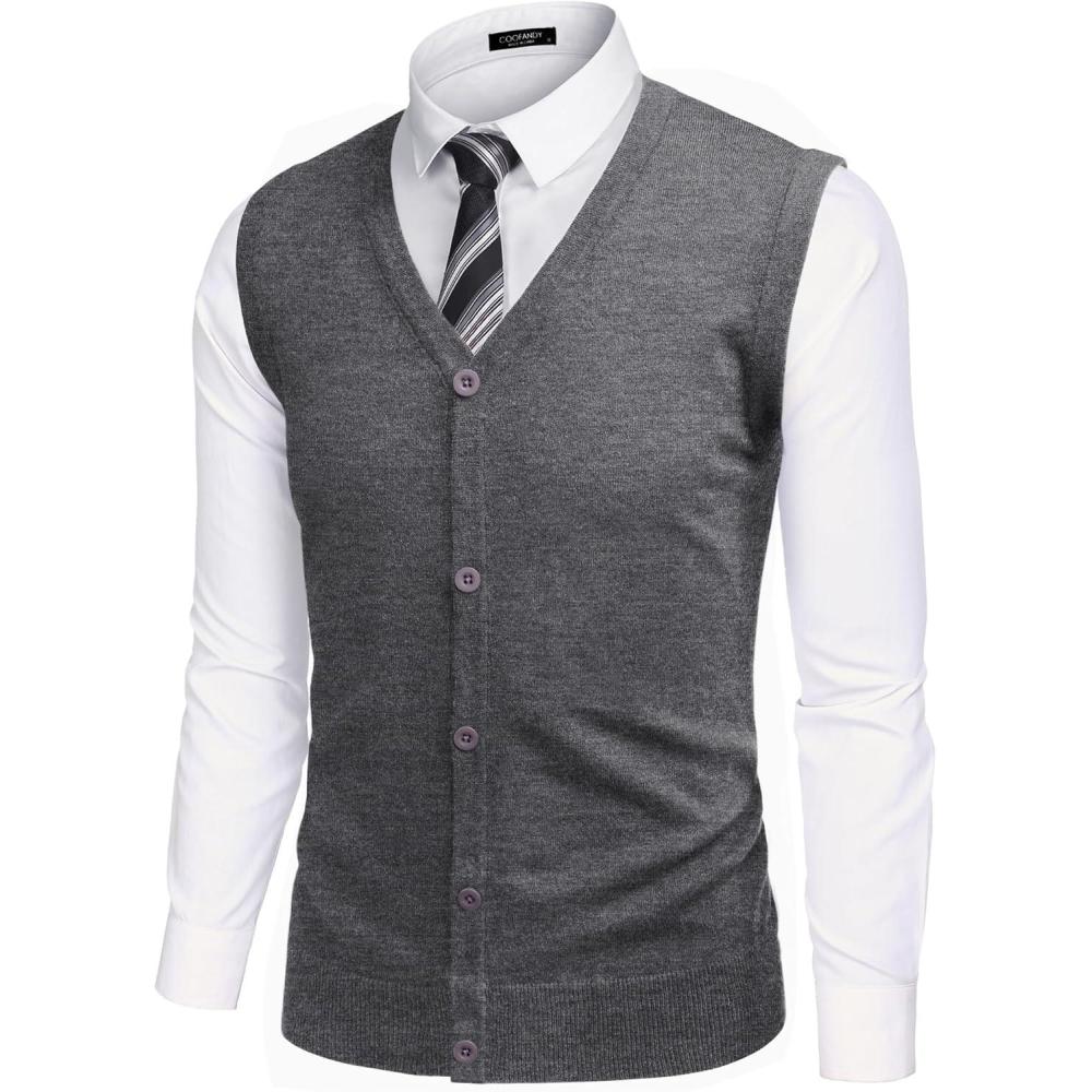 imageCOOFANDY Mens Sweater Vest V Neck Casual Sleeveless Knitted Button Cardigan VestDark Grey