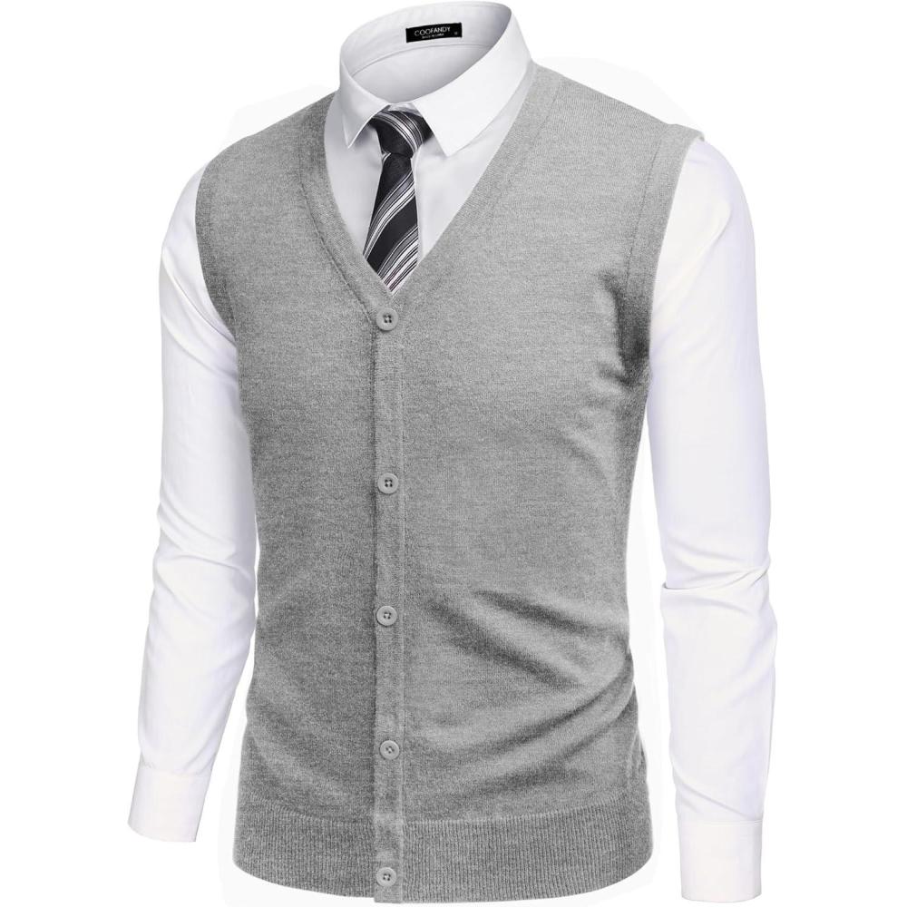 imageCOOFANDY Mens Sweater Vest V Neck Casual Sleeveless Knitted Button Cardigan VestGrey
