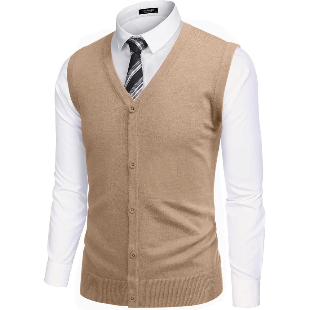 imageCOOFANDY Mens Sweater Vest V Neck Casual Sleeveless Knitted Button Cardigan VestKhaki
