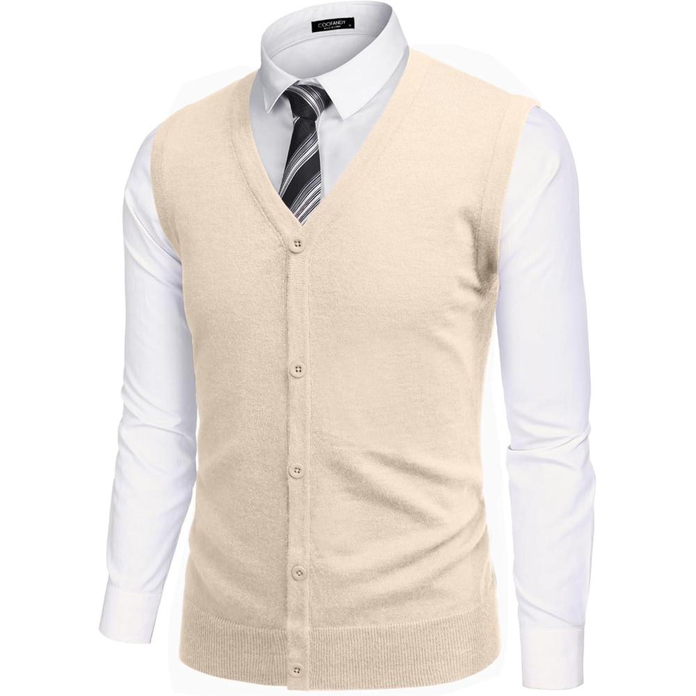 imageCOOFANDY Mens Sweater Vest V Neck Casual Sleeveless Knitted Button Cardigan VestLight Khaki