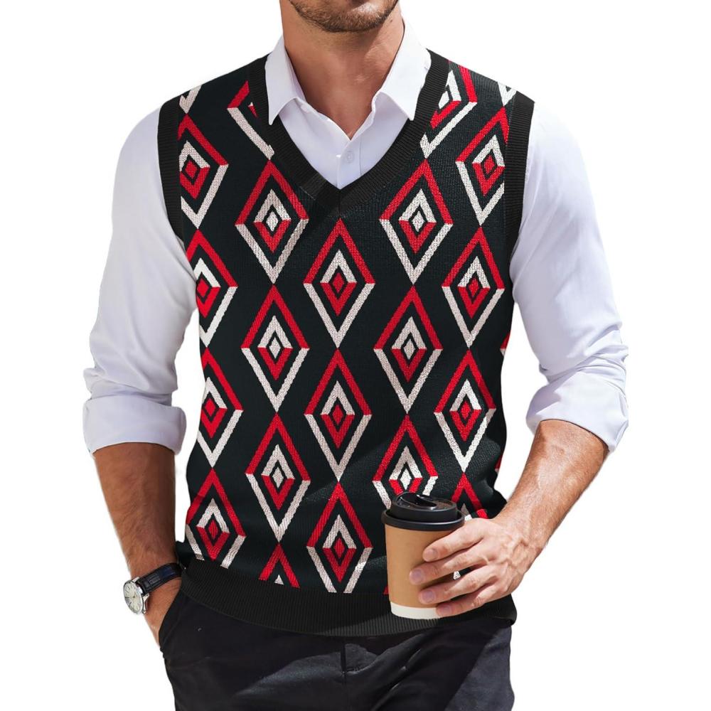 imageCOOFANDY Mens Sweater Vest V Neck Sleeveless Sweater Slim Fit Casual Knitted Pullover SweaterArgyle Black Red