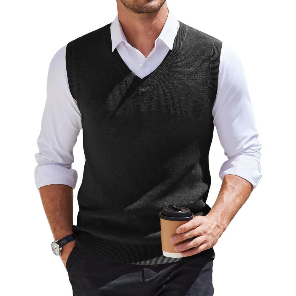 imageCOOFANDY Mens Sweater Vest V Neck Sleeveless Sweater Slim Fit Casual Knitted Pullover SweaterBlack