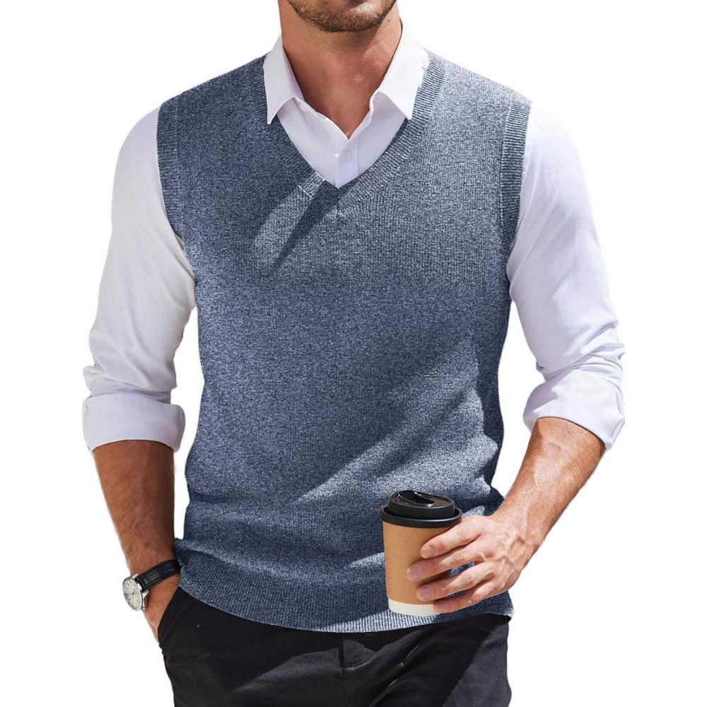 imageCOOFANDY Mens Sweater Vest V Neck Sleeveless Sweater Slim Fit Casual Knitted Pullover SweaterBlue and White