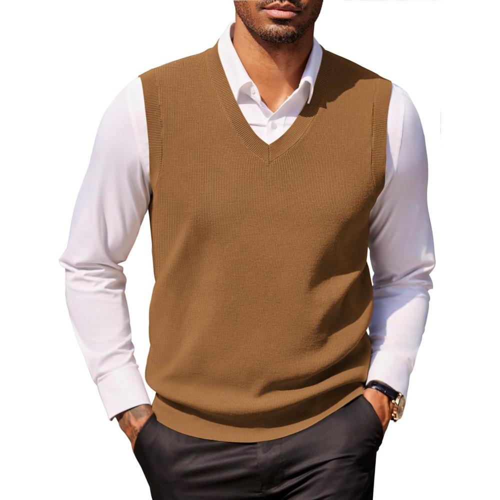 imageCOOFANDY Mens Sweater Vest V Neck Sleeveless Sweater Slim Fit Casual Knitted Pullover SweaterBrown