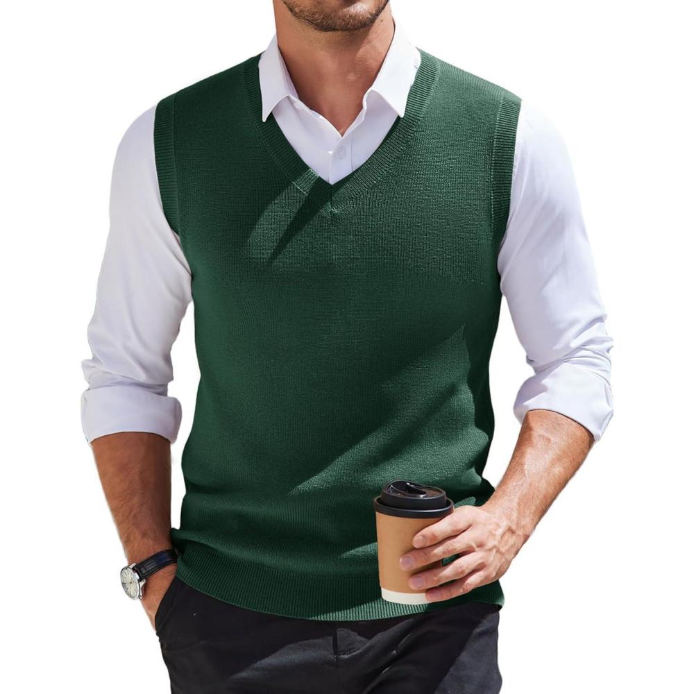 imageCOOFANDY Mens Sweater Vest V Neck Sleeveless Sweater Slim Fit Casual Knitted Pullover SweaterGreen
