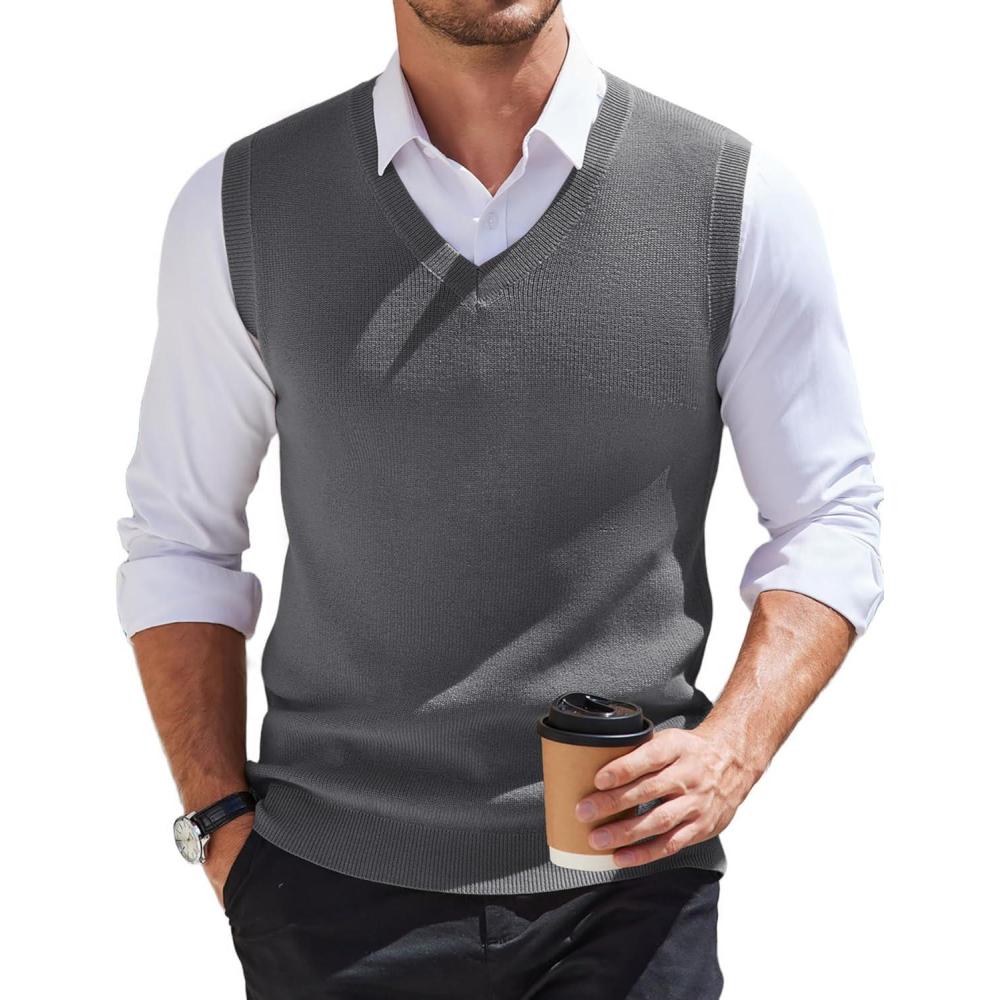 imageCOOFANDY Mens Sweater Vest V Neck Sleeveless Sweater Slim Fit Casual Knitted Pullover SweaterGrey