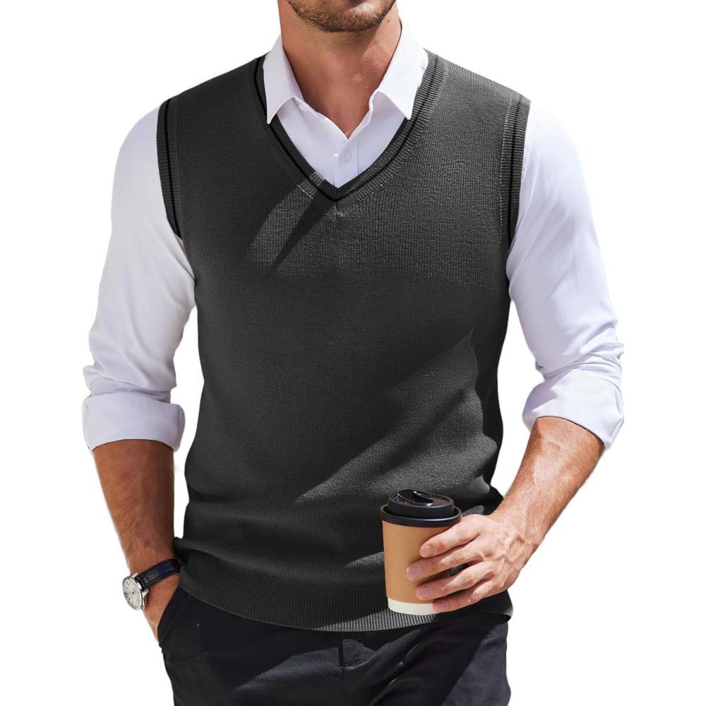 imageCOOFANDY Mens Sweater Vest V Neck Sleeveless Sweater Slim Fit Casual Knitted Pullover SweaterGrey and Black Stripe