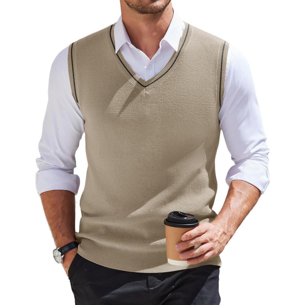 imageCOOFANDY Mens Sweater Vest V Neck Sleeveless Sweater Slim Fit Casual Knitted Pullover SweaterKhaki and Black Stripe