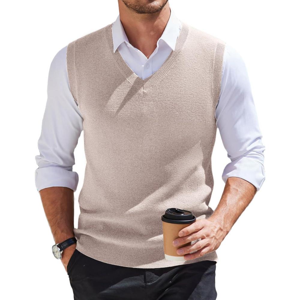 imageCOOFANDY Mens Sweater Vest V Neck Sleeveless Sweater Slim Fit Casual Knitted Pullover SweaterLight Khaki