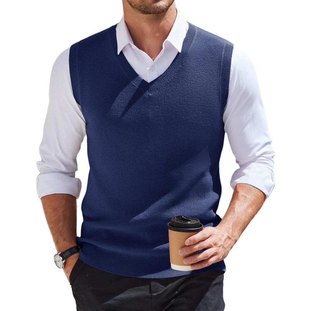 imageCOOFANDY Mens Sweater Vest V Neck Sleeveless Sweater Slim Fit Casual Knitted Pullover SweaterNavy Blue
